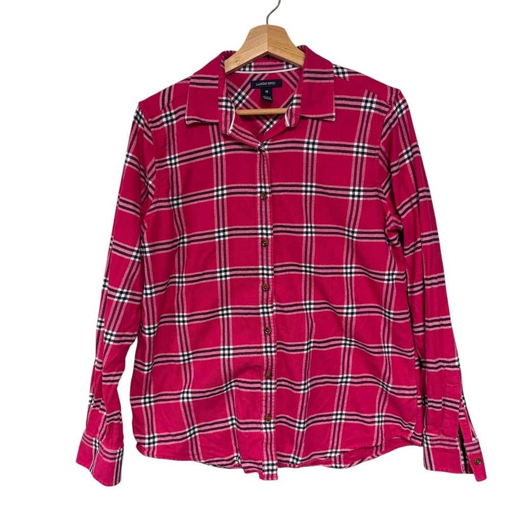Lands End Womens Pink Plaid Flannel Button Down Shirt Size 10 Long Sleeve Cotton